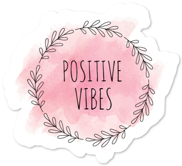 Klistremerke med teksten Positive Vibes i rosa akvarellstil